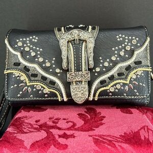 Women's Western Silver Buckle Wristlet Crossbody‎ Wallet Purse Rhinestones Black